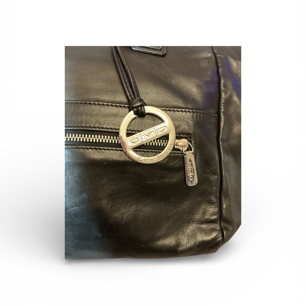 Cesar Mizrahi CMD Black Leather Tote Bag Silver Hardware Zip Pocket - Picture 4 of 4